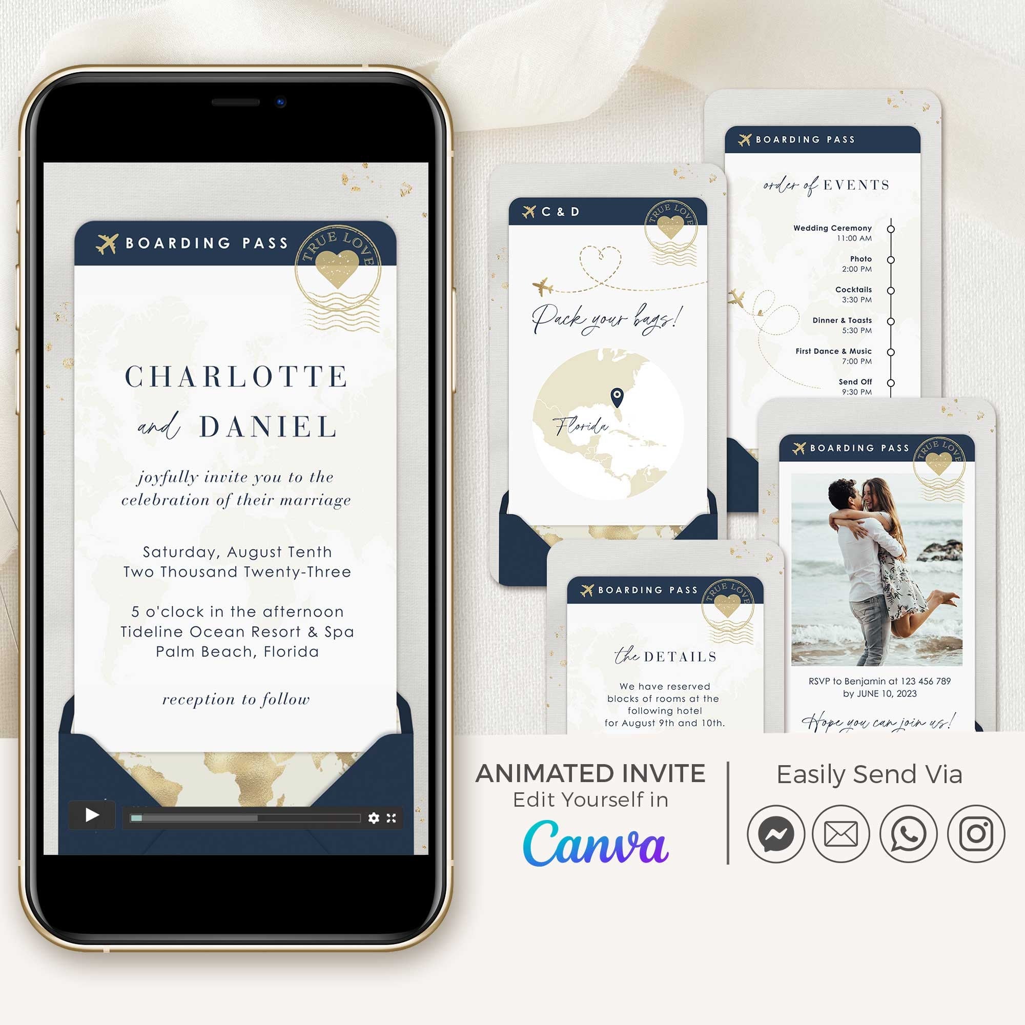 Navy Boarding Pass Wedding Invitation Video Template