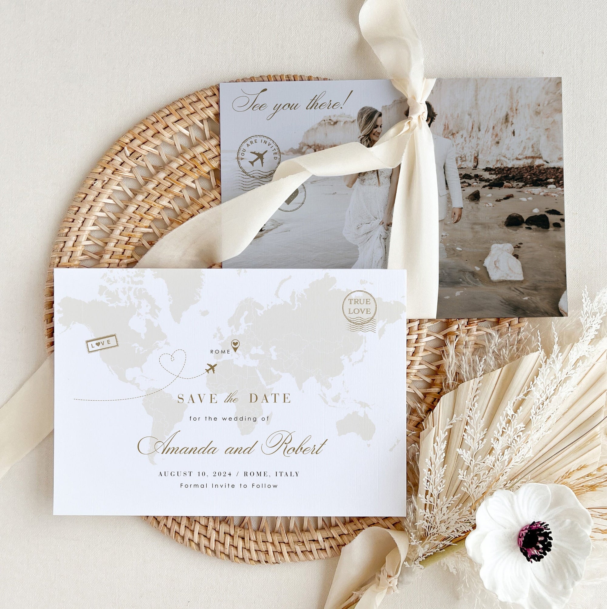 White &amp; Gold Destination Wedding Save the Date Template