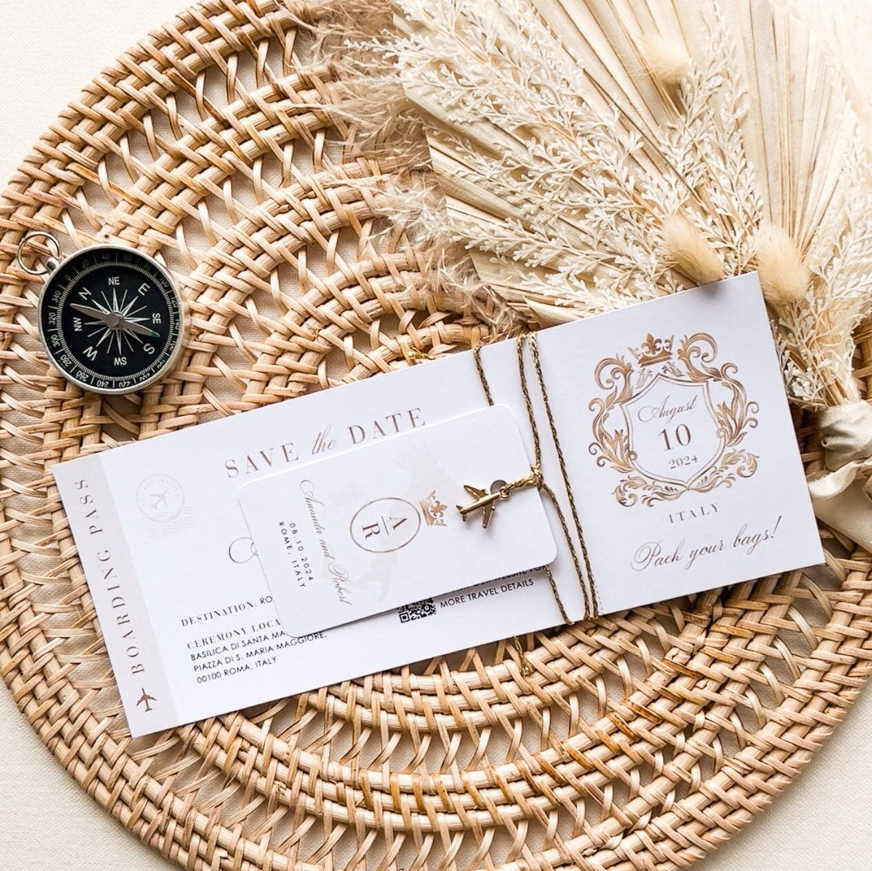 White & Gold Boarding Pass Save the Date Template – Creative Things Studio