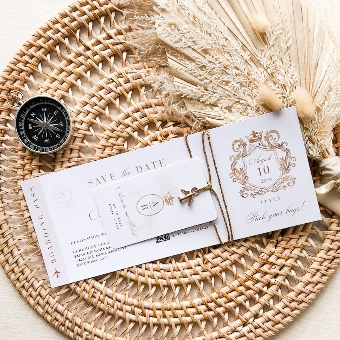 White & Gold Boarding Pass Save the Date Template