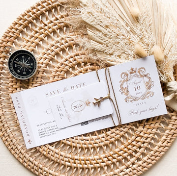 White & Gold Boarding Pass Save the Date Template
