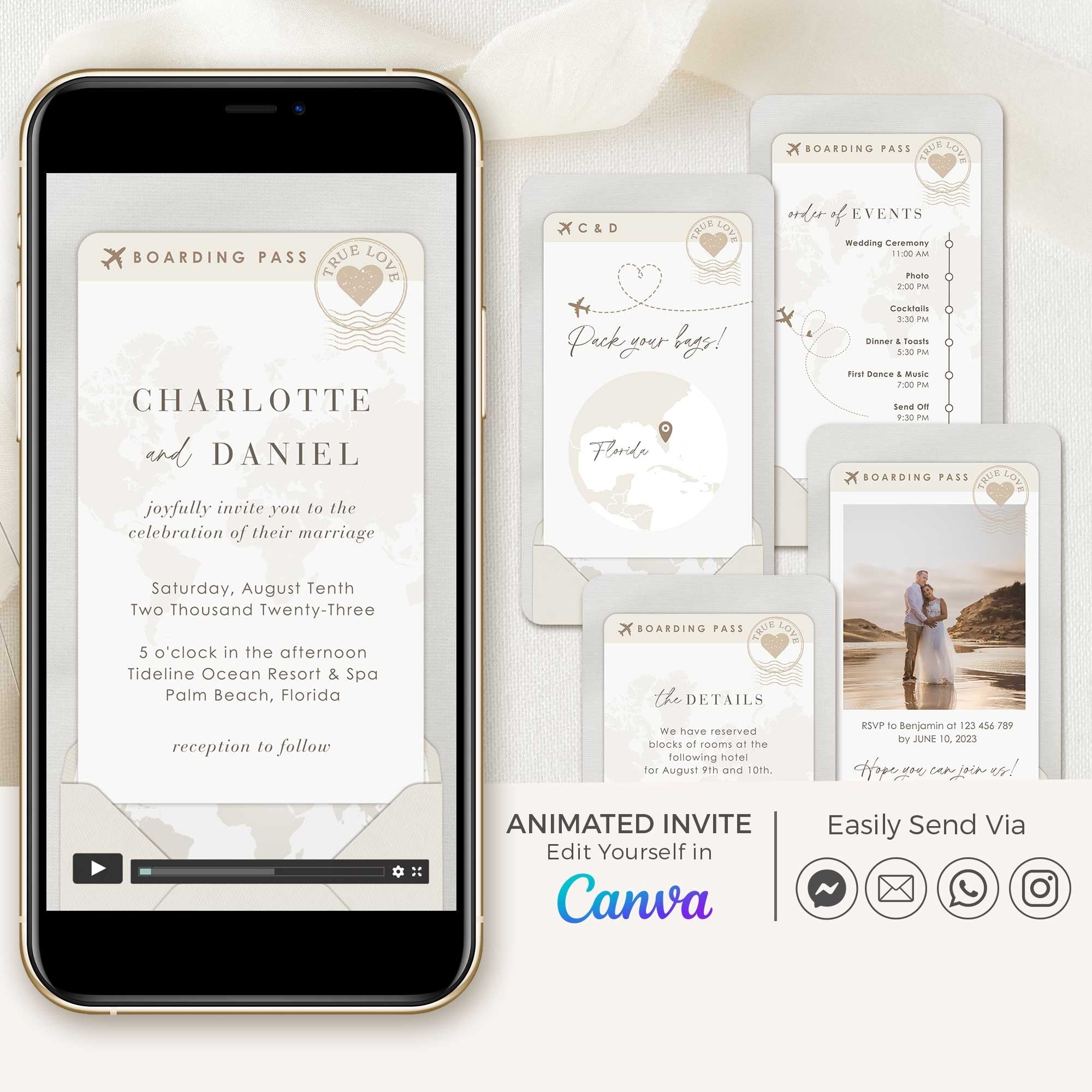 Neutral Tone Boarding Pass Wedding Invitation Video Template