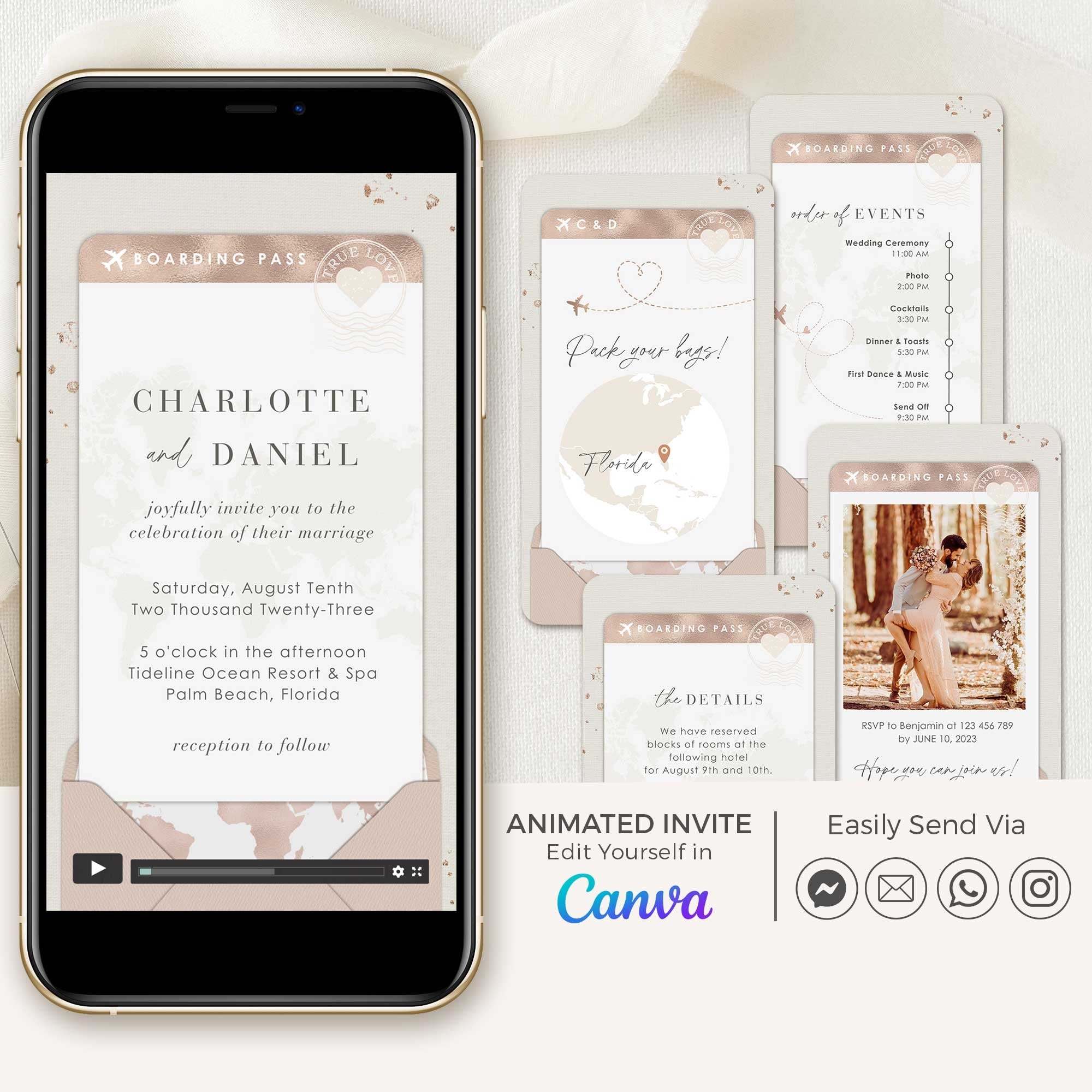 Rose Gold Boarding Pass Wedding Invitation Video Template