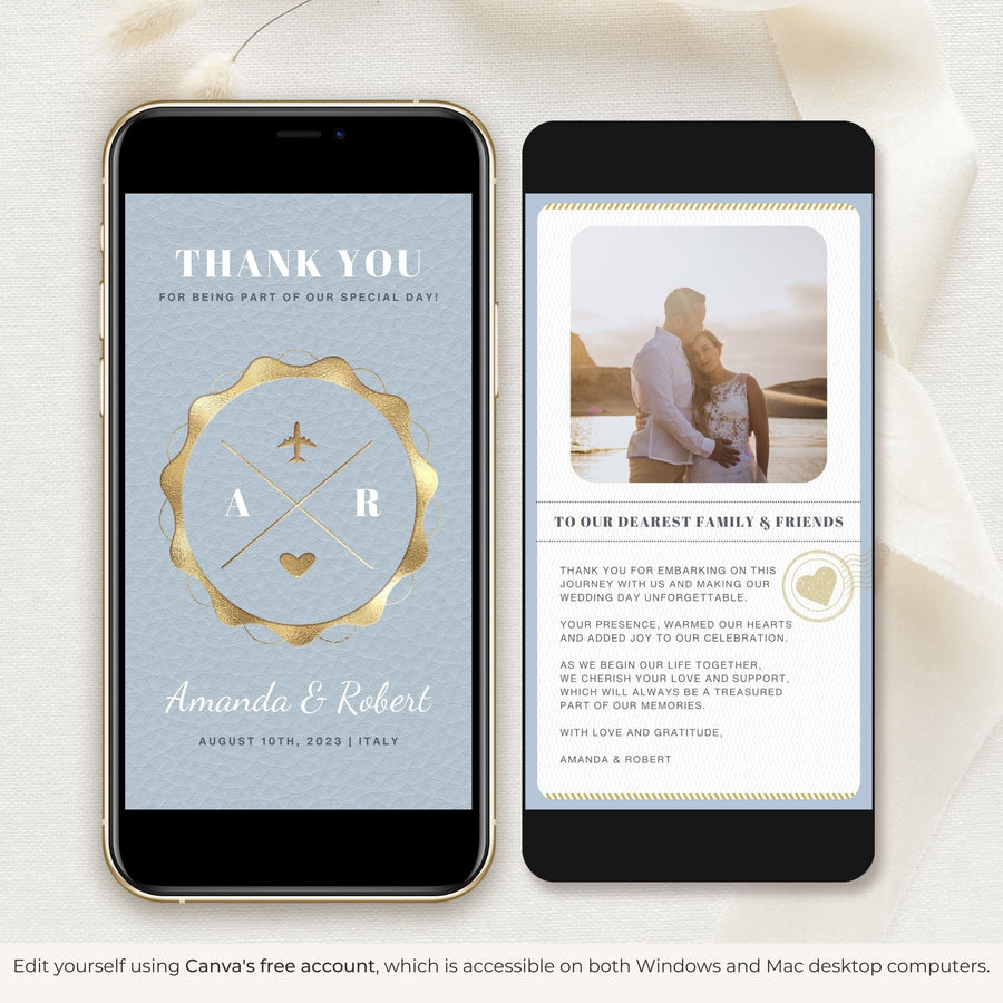 Dusty Blue Passport Style Wedding Thank You Card Video Template