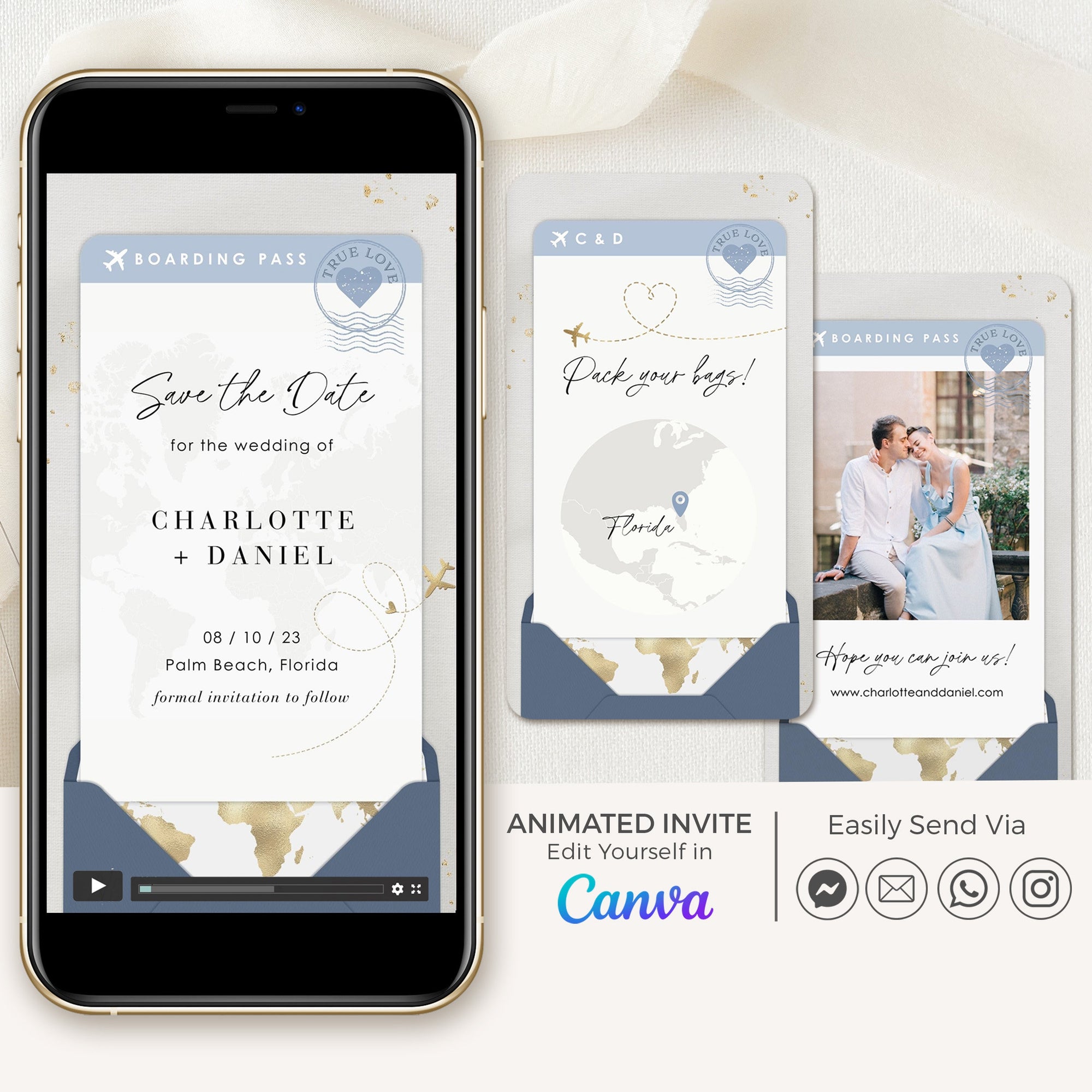 Dusty Blue Boarding Pass Save the Date Video Template