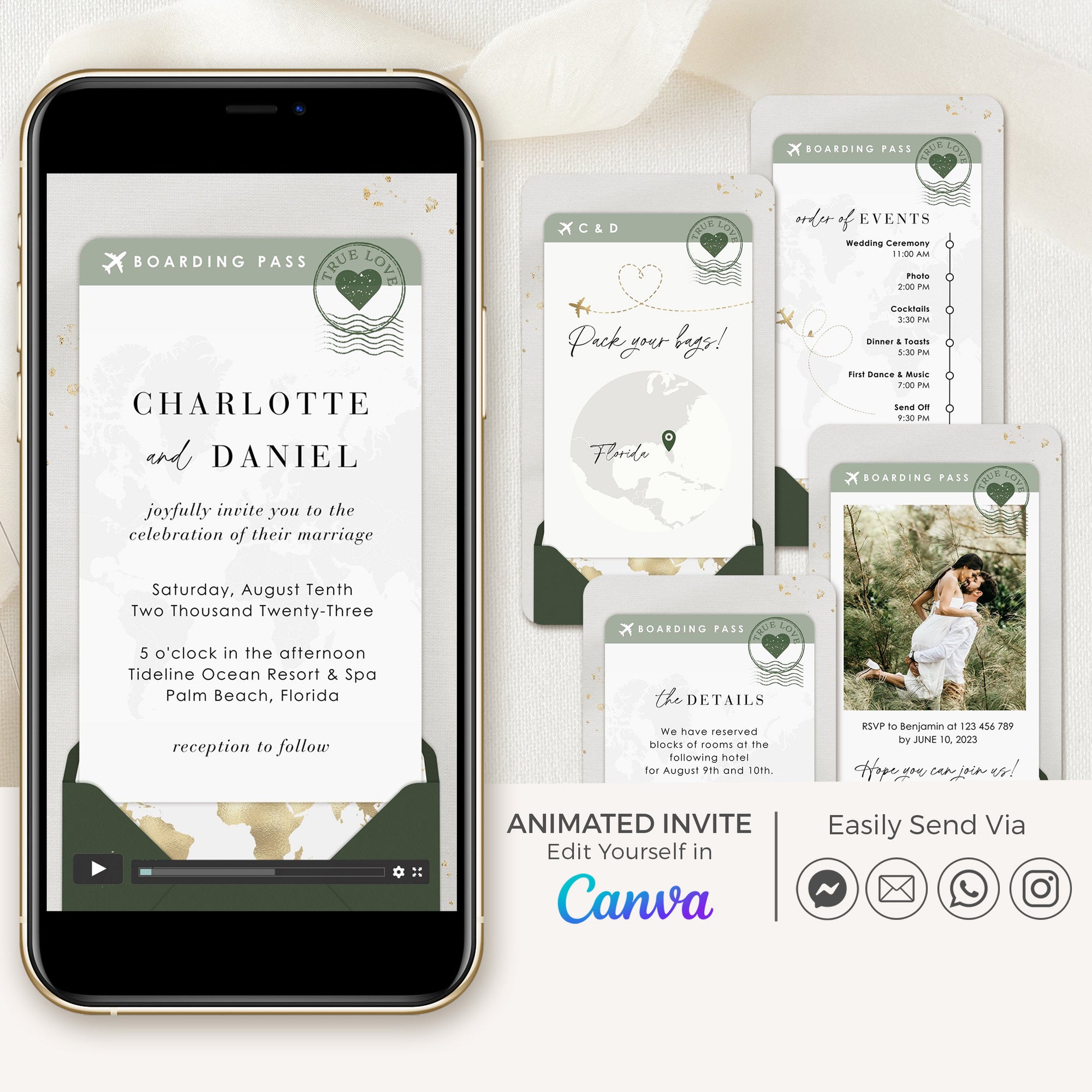 Sage Green Boarding Pass Wedding Invitation Video Template