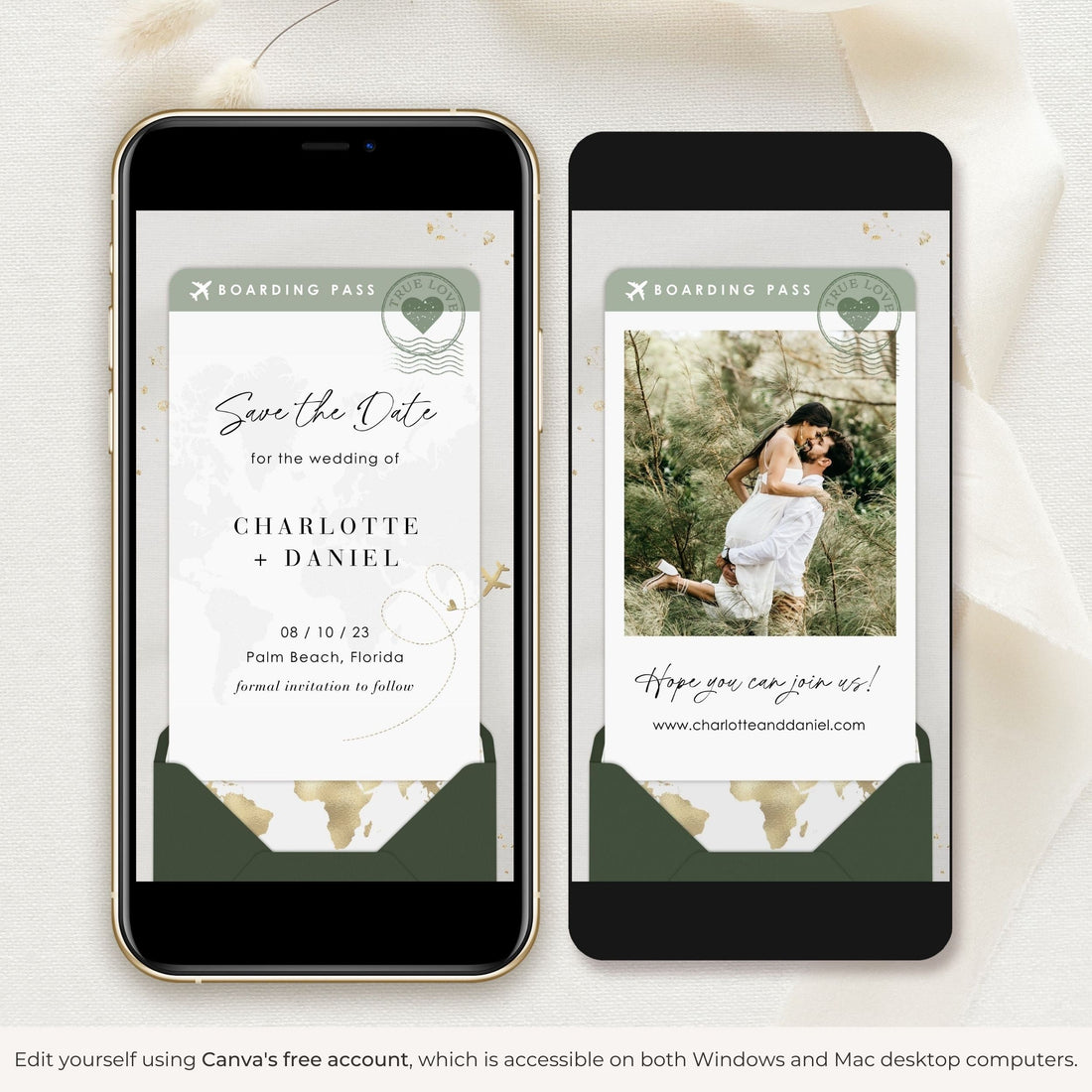 Sage Green Boarding Pass Save the Date Video Template