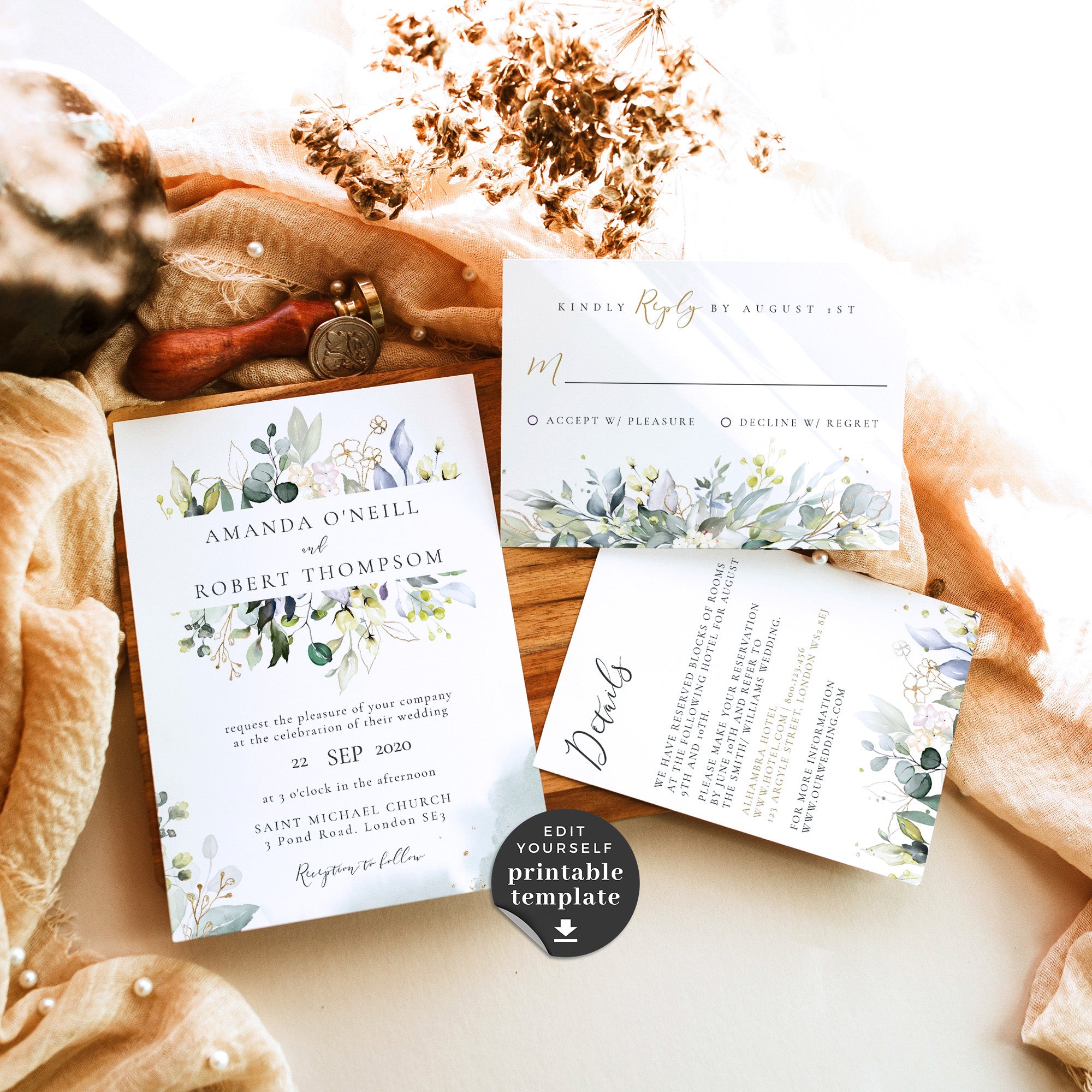 Flora | Rustic Wedding Invitation Set Printable
