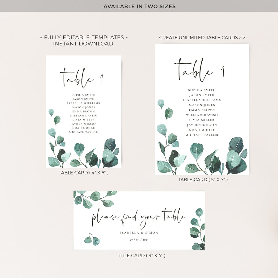 Luisa | Eucalyptus Wedding Seating Cards Template